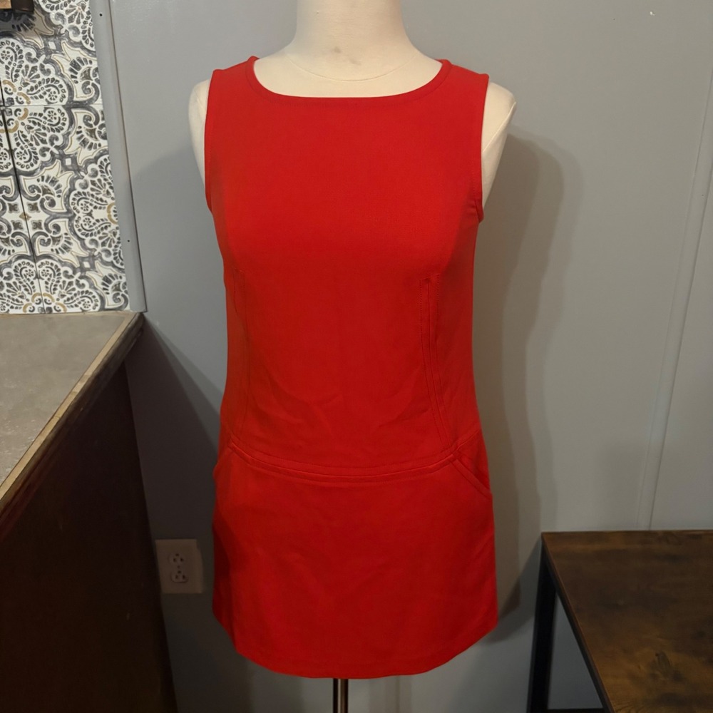 Orange Red Sleeveless Mini‎ Dress Pocket Detail Casual (Small)